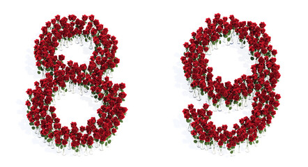 Concept or conceptual set of beautiful blooming red roses bouquets forming the fonts 7 and 8. 3d illustration metaphor for education, design and decoration, romance and love, nature, spring or summer.