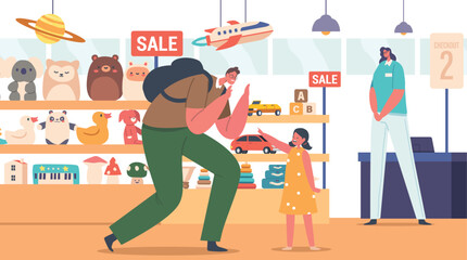 Uproarious Child Character In A Store Pleading With Their Parents To Purchase Toys. Energetic Scene, Vector Illustration