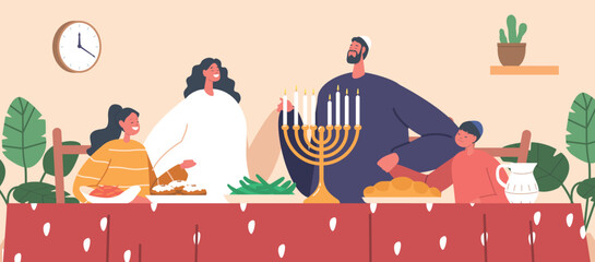 Devout Jewish Family Parents and Kids Gathered Around A Table, Praying Together As They Share A Meal Vector Illustration