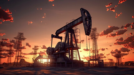 Oil field site, in the evening, oil pumps are running, Generative AI