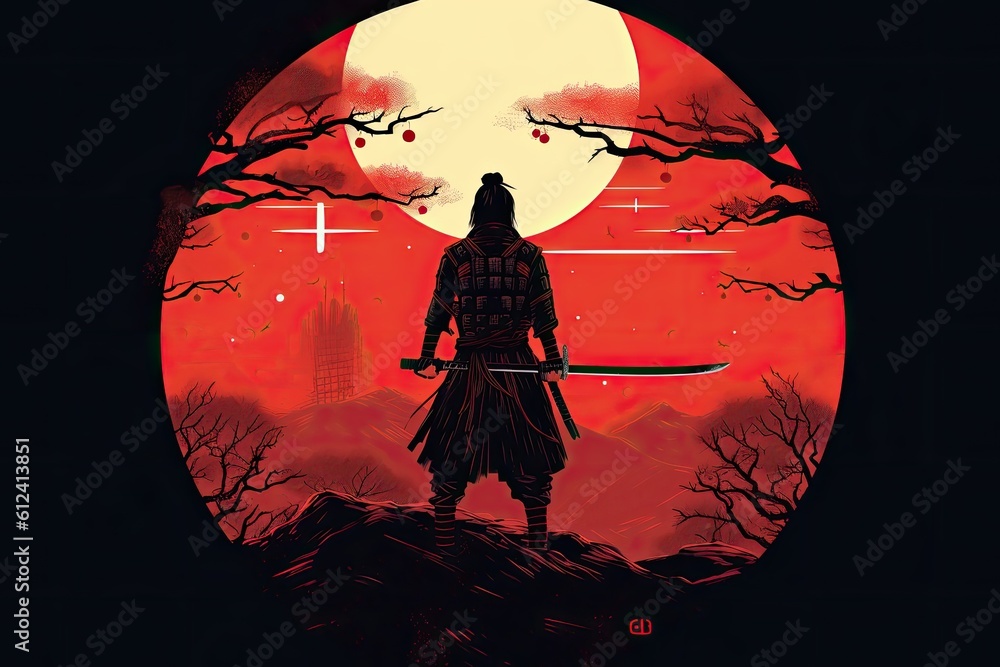 Sticker A Japanese Samurai Warrior in circle with a red sun. japanese samurai. wallpaper. generative ai