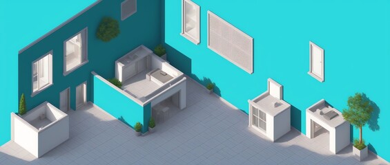 Isometric View of a terrace with teal walls in Cinematic lighting using Hatching style. Generative AI