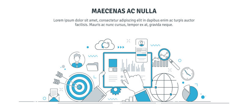 Vector illustration of planning business strategy, report analysis, work tasks, business plan and analyzing financial graphs. Thin line icons design.