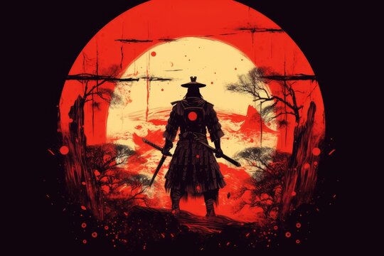 A Japanese Samurai Warrior in circle with a red sun. japanese samurai. wallpaper. generative ai