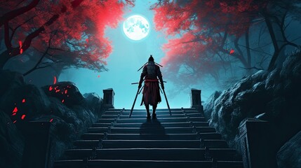 A samurai standing on stairway in night forest with the moon on background. japanese samurai. Generative ai