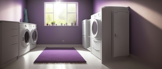 Long Shot View of a Utility room with purple walls in Sunrays shine upon it using DOF Photograph style. Generative AI