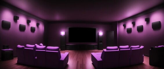 Long Shot View of a Home theater with purple walls in Volumetric lighting using Cross-contour lines style. Generative AI