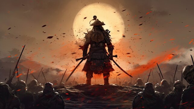 A samurai warrior with a katana stands ready to fight against a huge army. japanese samurai. Generative ai