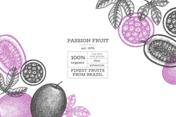 Hand drawn sketch style passion fruit banner. Organic fresh fruit vector illustration. Retro exotic fruit design template