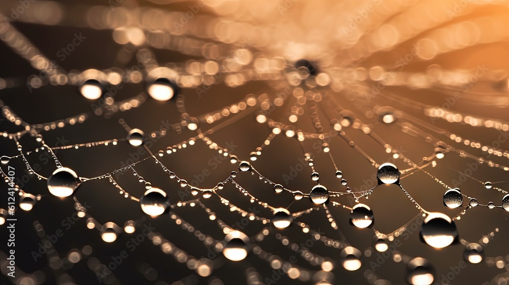 Poster a close up of a spider web with water drops on the spiderweave and the sun shining in the backround 