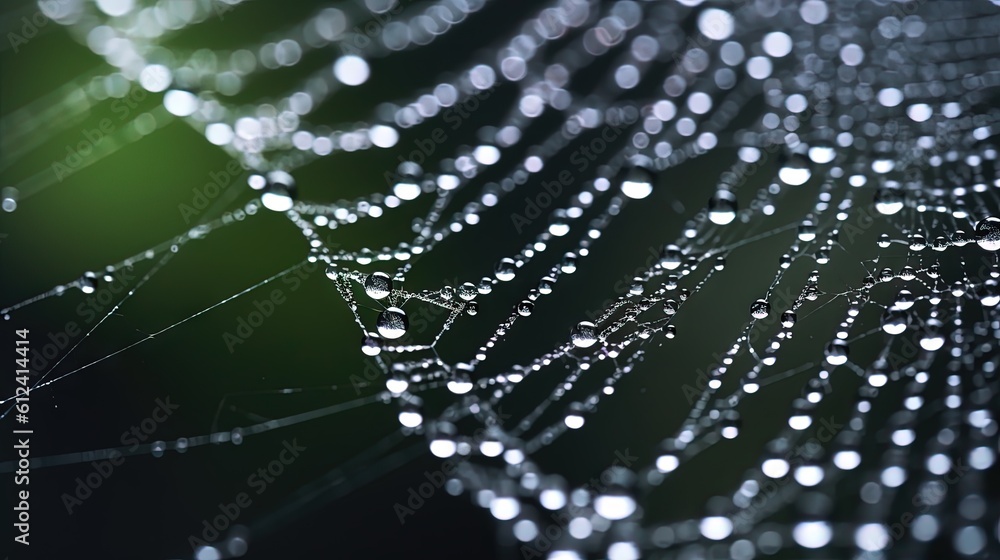 Poster a close up of a spider web with water drops on it's webs and a blurry background of green and black 