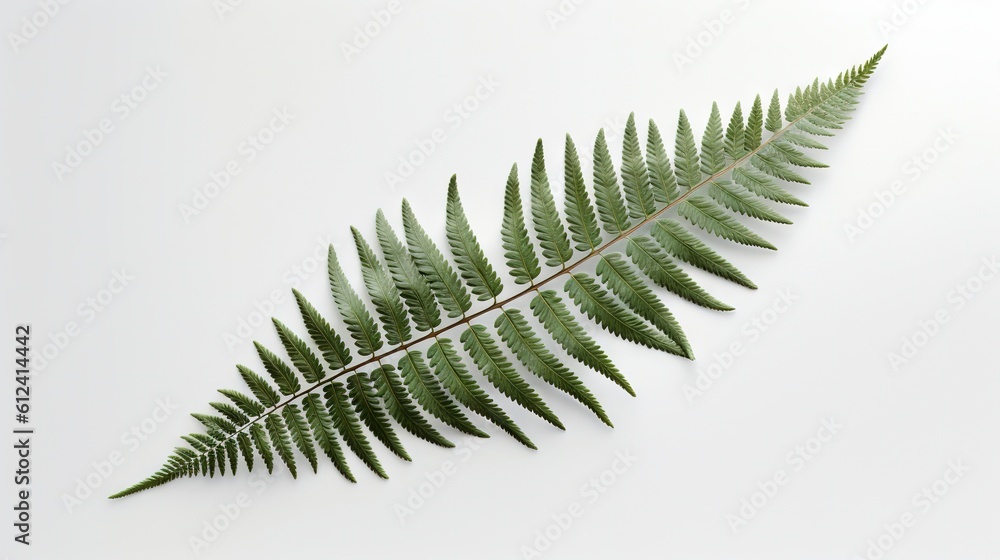 Poster a green fern leaf on a white background with a light reflection of the leaves on the back of the lea