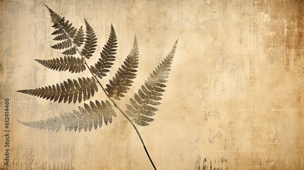 Poster a fern leaf on a grungy background with space for text or image to be put on a card or a wall hangin
