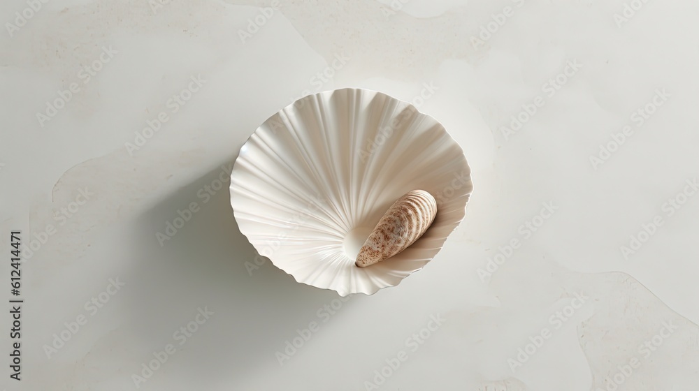 Poster a shell shaped object on a white surface with a shadow on the wall in the middle of the image, with 