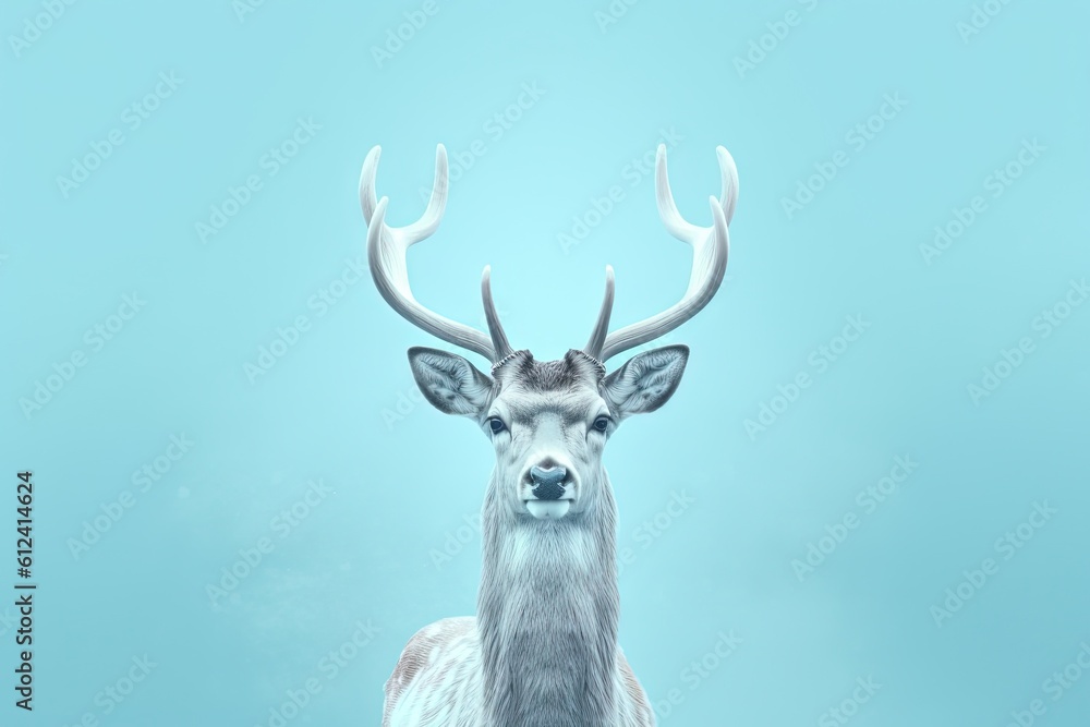 Poster a white deer with large antlers standing on a blue sky background with clouds in the sky behind it a