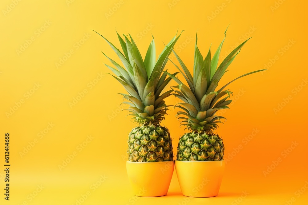 Poster two pineapples are sitting in a yellow planter on a yellow background with a yellow background behin