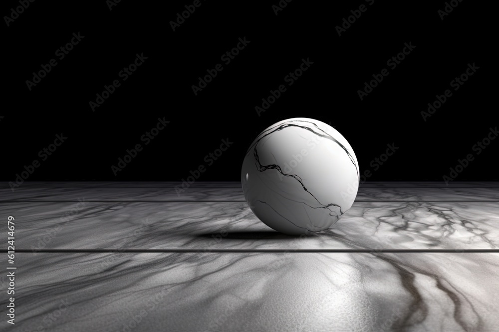 Poster a white ball sitting on top of a floor in the middle of a floor covered in ice and snow with a black