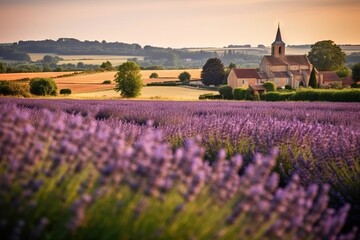 Obraz na płótnie Canvas a lavender field with a church in the distance and a sunset in the background with a few clouds in the sky over the fields of lavender flowers. generative ai