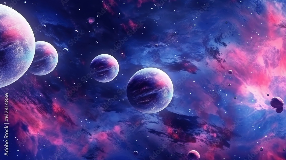 Poster a group of planets floating in the sky with stars and clouds in the background, with the sun in the 