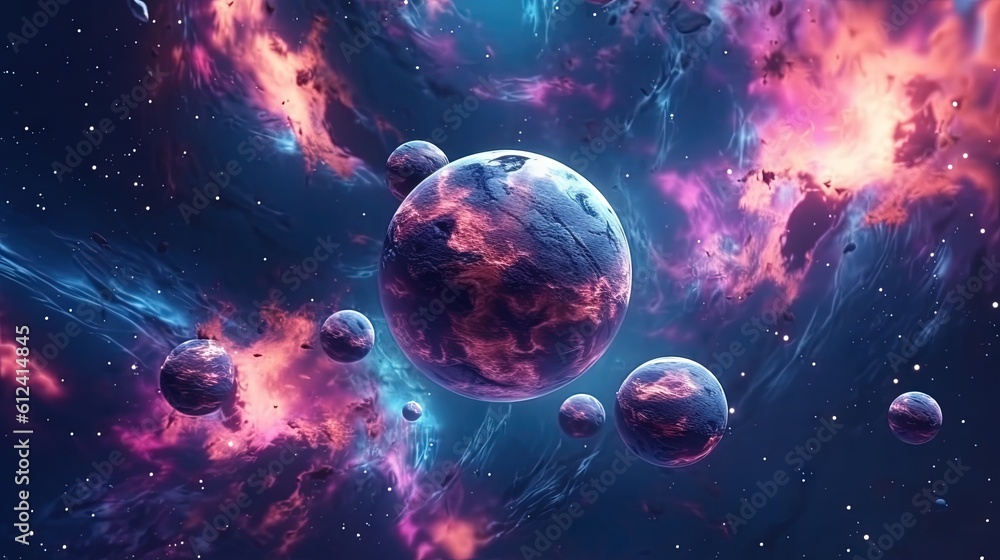 Poster a vibrant nebula with planets and stars in the background, creating a beautiful and captivating scen