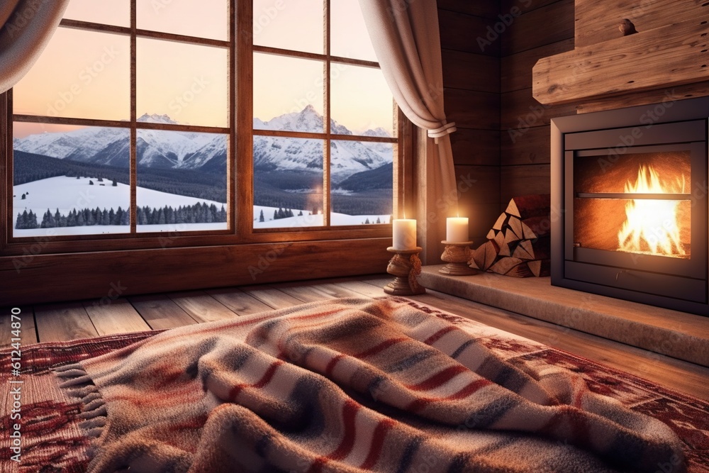 Poster a room with a fireplace and a blanket on the floor and a window with a view of the mountains and a s