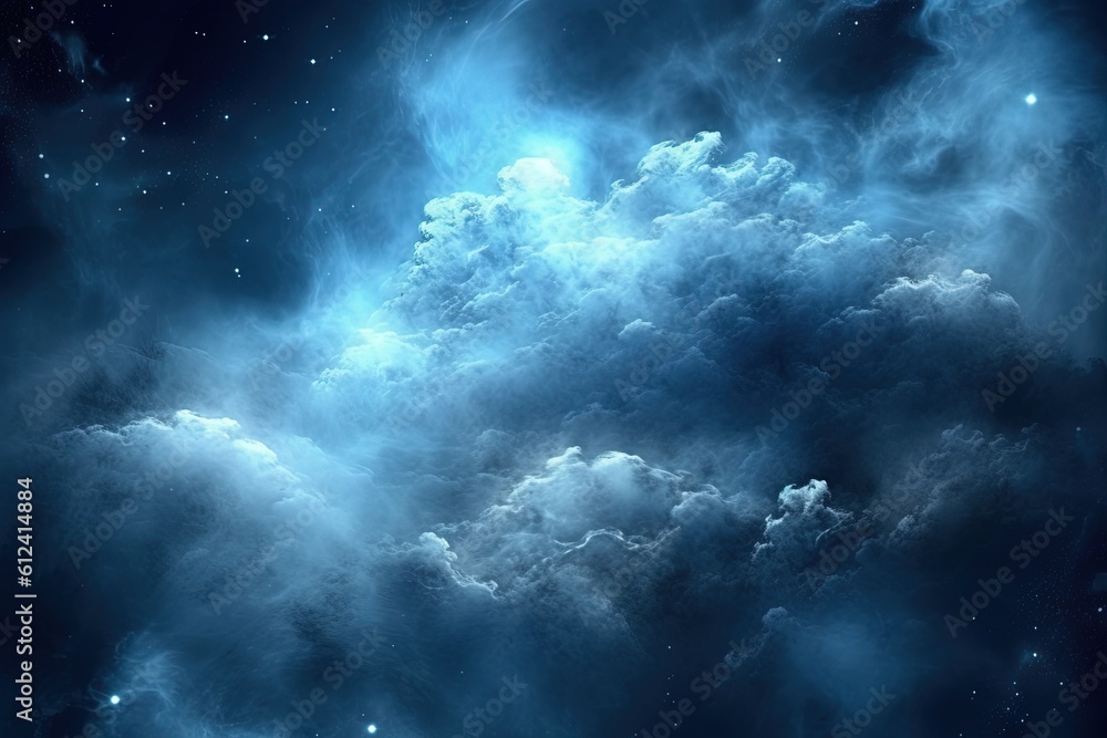 Poster a computer generated image of a blue and white cloud filled sky with stars and a bright light in the