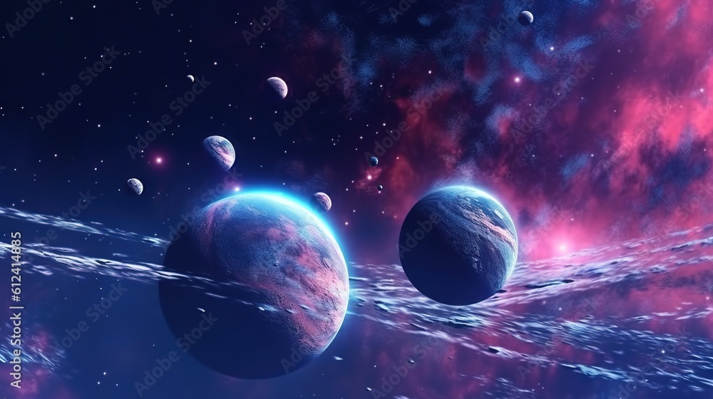 Poster a group of planets floating in the sky with stars in the background and a blue and pink background w
