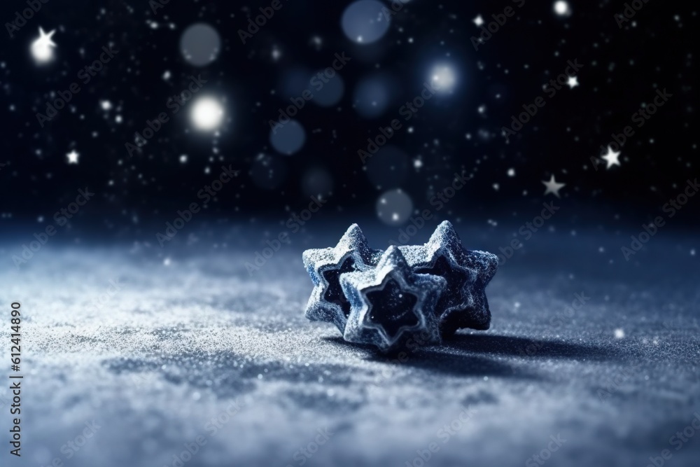 Poster a snowflake with stars in the background on a dark background with snow flakes in the foreground and
