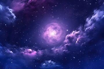 Obraz na płótnie Canvas a night sky with stars and clouds and a bright purple ball of light in the middle of the sky with stars and clouds in the middle of the night sky. generative ai