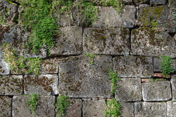 Old mossy gray stone wall background