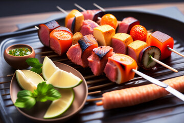 Sate or Skewered meat being grilled. Ai generated