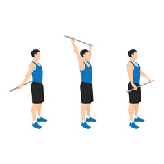 Man doing shoulder pole or broomstick stretch exercise. Flat vector illustration isolated on white background - obrazy, fototapety, plakaty