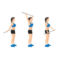 Woman doing shoulder pole or broomstick stretch exercise. Flat vector illustration isolated on white background - obrazy, fototapety, plakaty