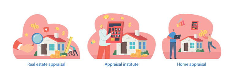 Real Estate Appraisal Isolated Elements with Characters. Professional Process Of Evaluating Property Value