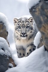 Fototapeta premium snow leopard in the snowy mountains