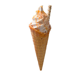 Delicious ice cream cone with chocolate, cream and a straw on transparent background for designers.