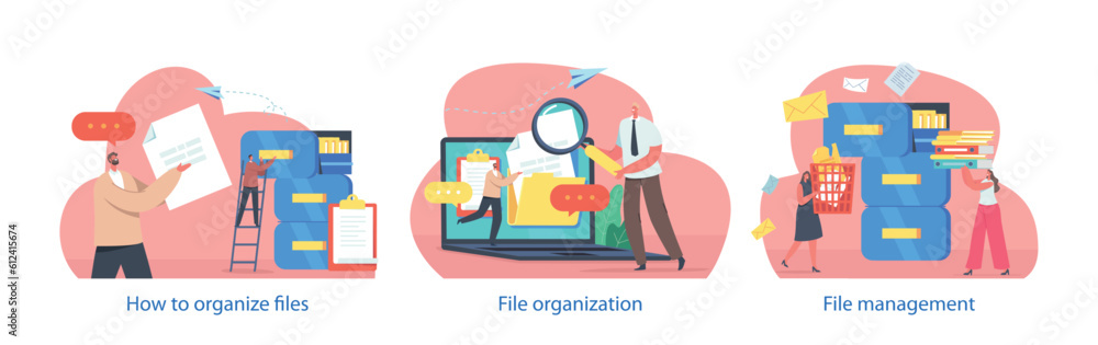 Poster isolated elements with character manage and organize files. efficient organization ensures easy acce