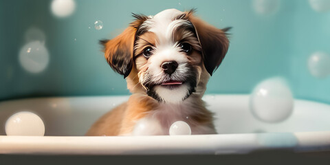 Baby cute puppy dog in bathtub with shampoo foam , Happy dog ​​takes a bath , Created with generative AI