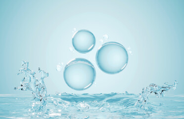 Cosmetics Essence molecule, collagen, Vitamin or Serum drop water for moisturizer. Liquid molecule chemical structure on water background. Cosmetics power treatment. Natural product. 3d rendering.