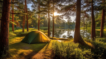 Camping tent under the pine forest near the lake at morning sunrise. Generative AI