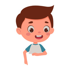 Cute little boy points his finger at the empty poster. Template for children design. Cartoon schoolboy character. Vector illustration