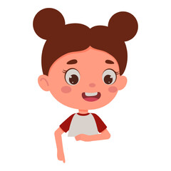 Cute little girl points his finger at the empty poster. Template for children design. Cartoon schoolgirl character. Vector illustration