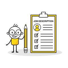 Comic employer man holds a pencil and writing job description document. Hand drawn doodle boy. Job description, qualification and requirement for job position concept. Vector stock illustration