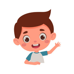 Cute cartoon little boy waving his hand. Template for children design. Little schoolboy character. Vector illustration