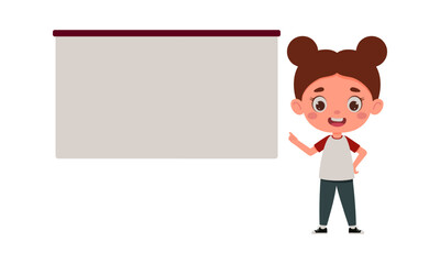 Cute little girl points his finger at the empty board. Template for children design. Cartoon schoolgirl character. Vector illustration