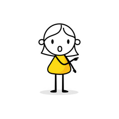 Comic astonished woman pointing direction. Hand drawn doodle businessman. Vector stock illustration