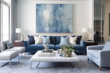 Close up details of a sleek, contemporary living room sofa, couch, pillows and accent mirror