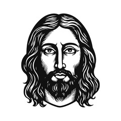 Vector Jesus Christ face silhouette isolated on white. Hand drawn vector illustration. Black Jesus icon logo