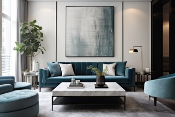 Close up details of a sleek, contemporary living room sofa, couch, pillows and accent mirror