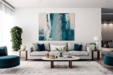 Close up details of a sleek, contemporary living room sofa, couch, pillows and accent mirror